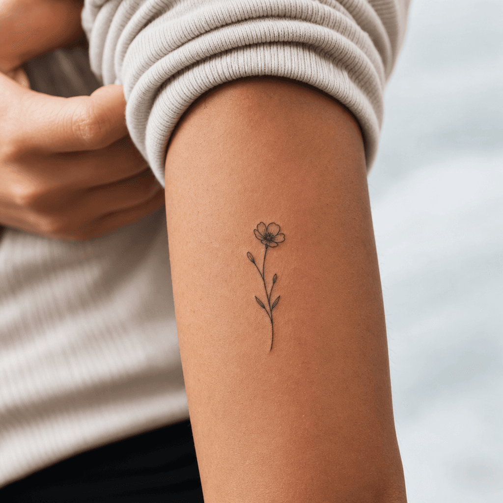 minimalist tattoo minimalist fine line flower, realistic photo on skin