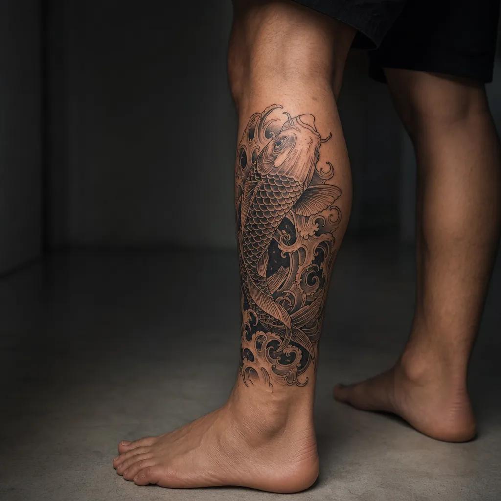 idée tatouage mollet carpe koï japonaise