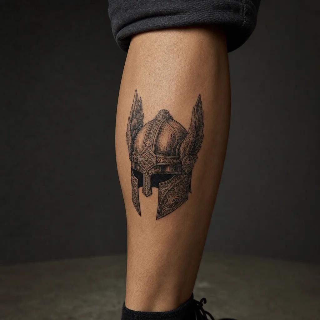 idée tatouage mollet casque viking