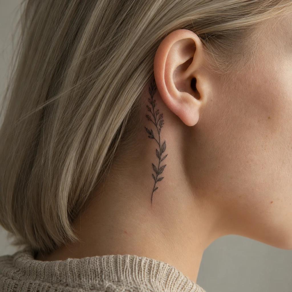 nape (women) tattoo vertical botanical sprig, realistic photo on skin