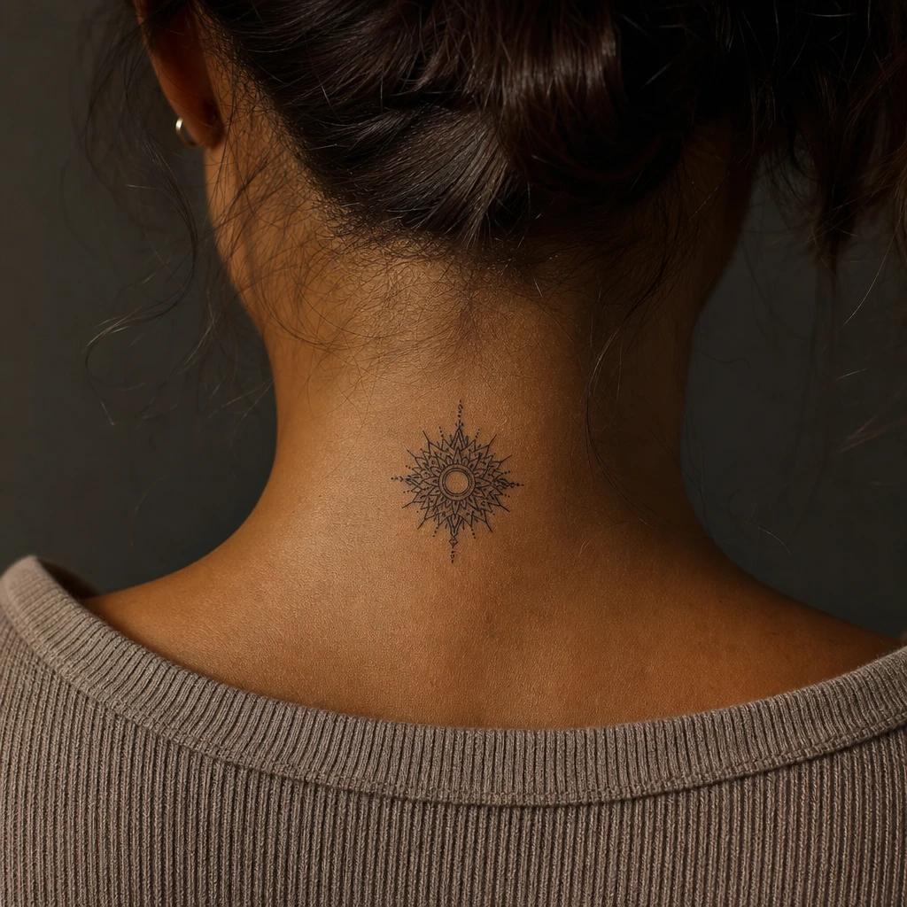 nape (women) tattoo miniature sun mandala, realistic photo on skin