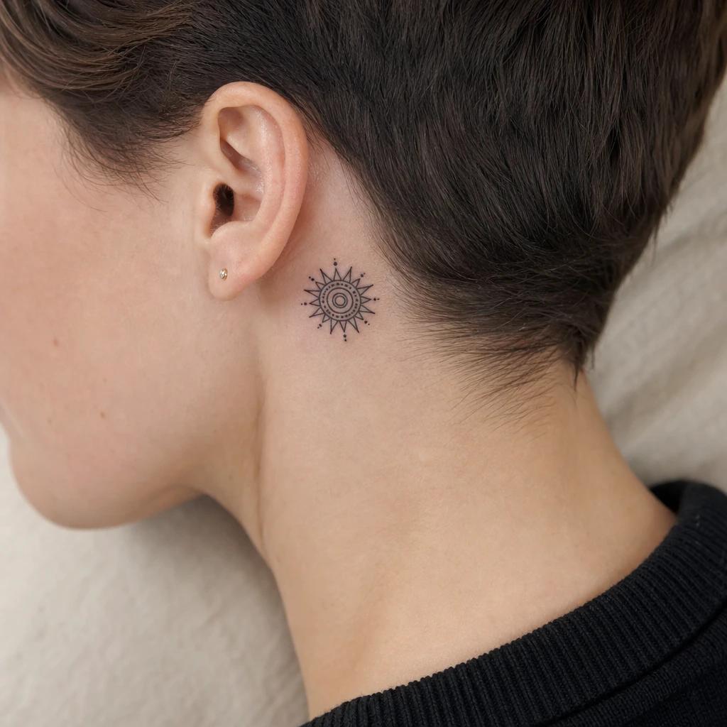 nape (women) tattoo miniature sun mandala, realistic photo on skin