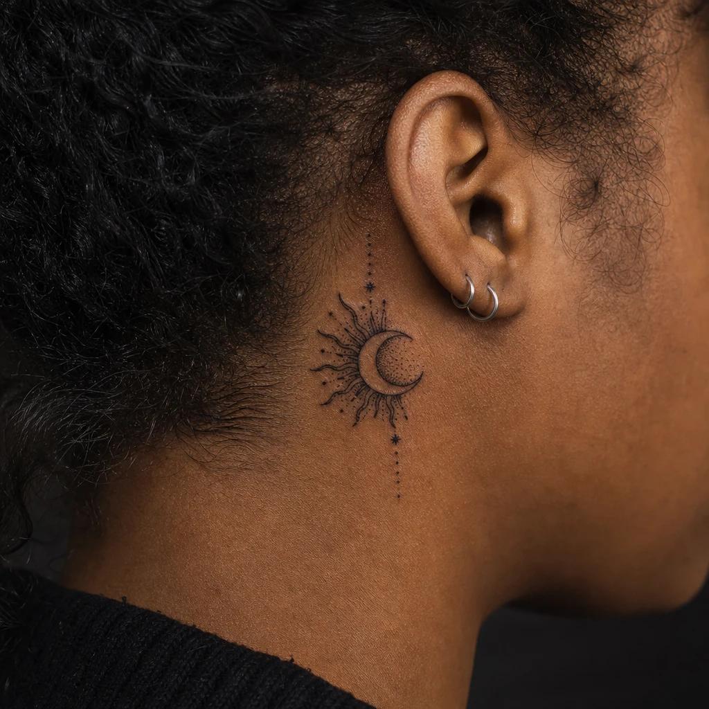 nape (women) tattoo dotwork sun and moon, realistic photo on skin