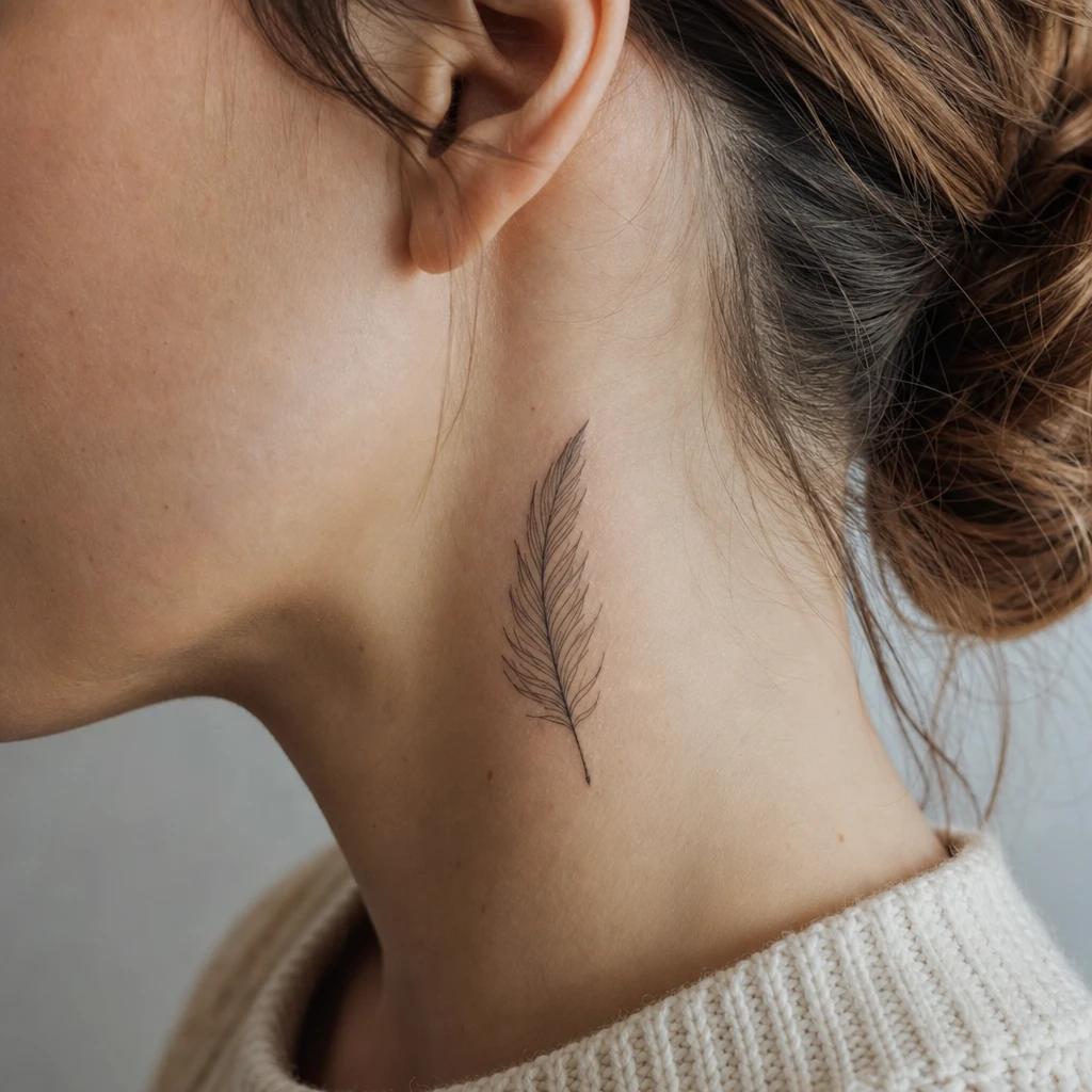 women's neck tattoo fine line feather on the side of the neck, realistic photo on skin