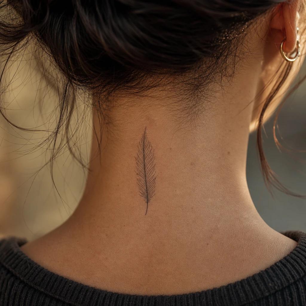 women's neck tattoo fine line feather on the side of the neck, realistic photo on skin