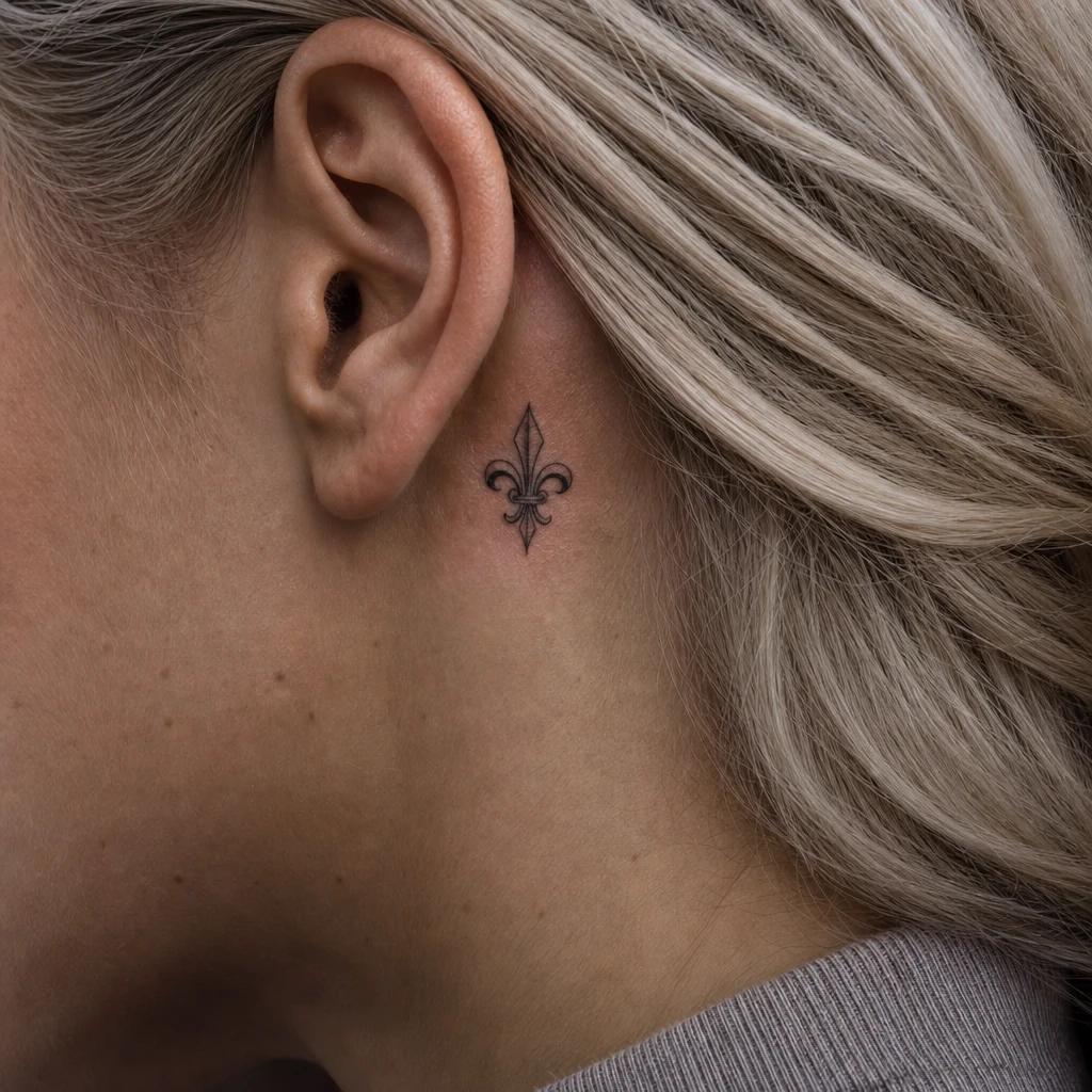 women's neck tattoo small flower below the ear, realistic photo on skin