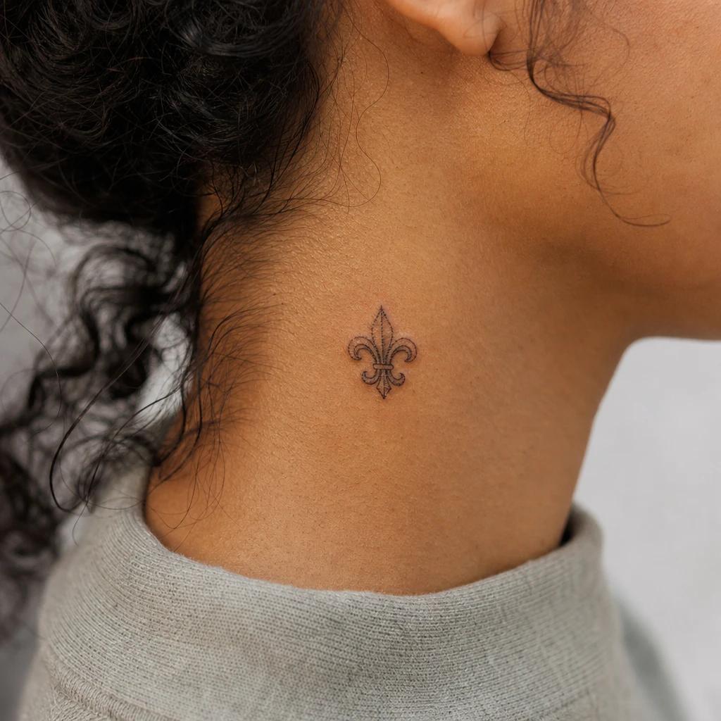 women's neck tattoo small flower below the ear, realistic photo on skin