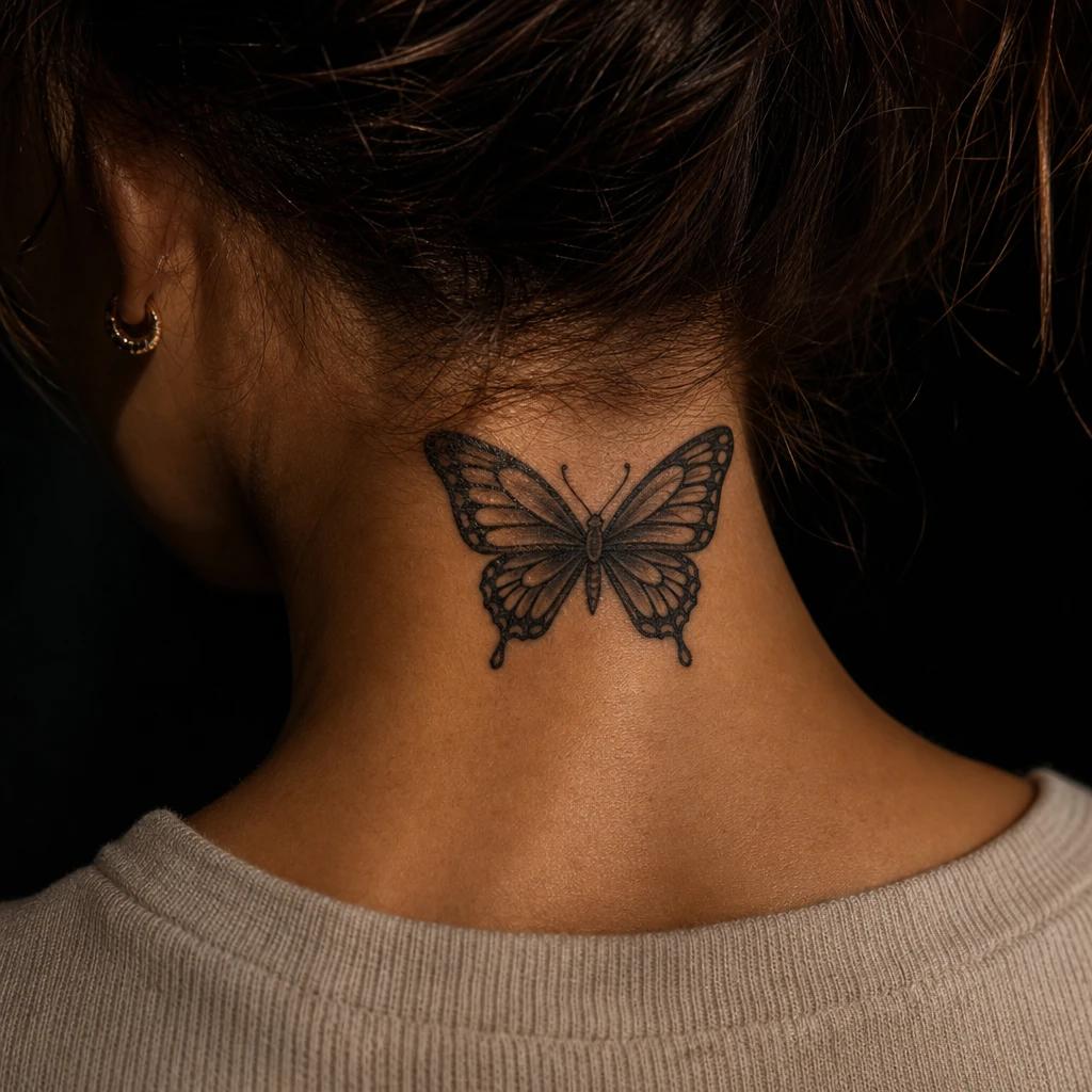 women's neck tattoo idea, photo on skin