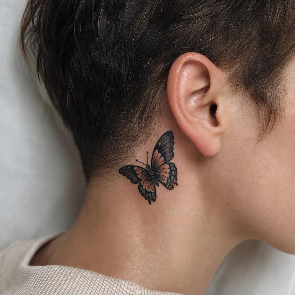 women's neck tattoo neo-traditional butterfly, realistic photo on skin