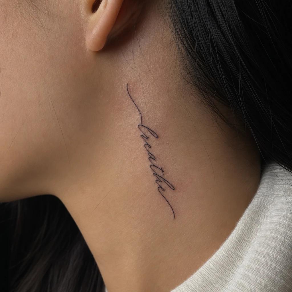 women's neck tattoo cursive lettering, realistic photo on skin