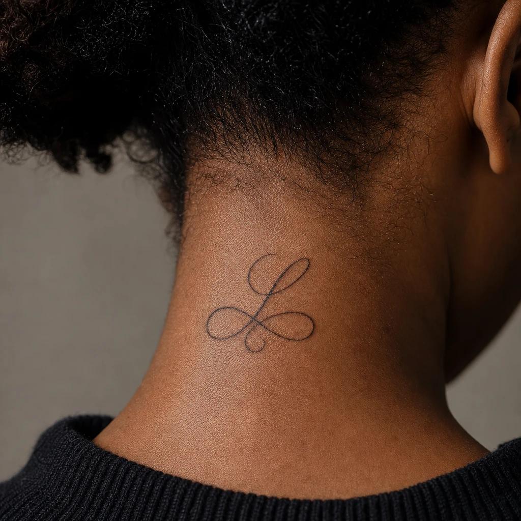 women's neck tattoo cursive lettering, realistic photo on skin