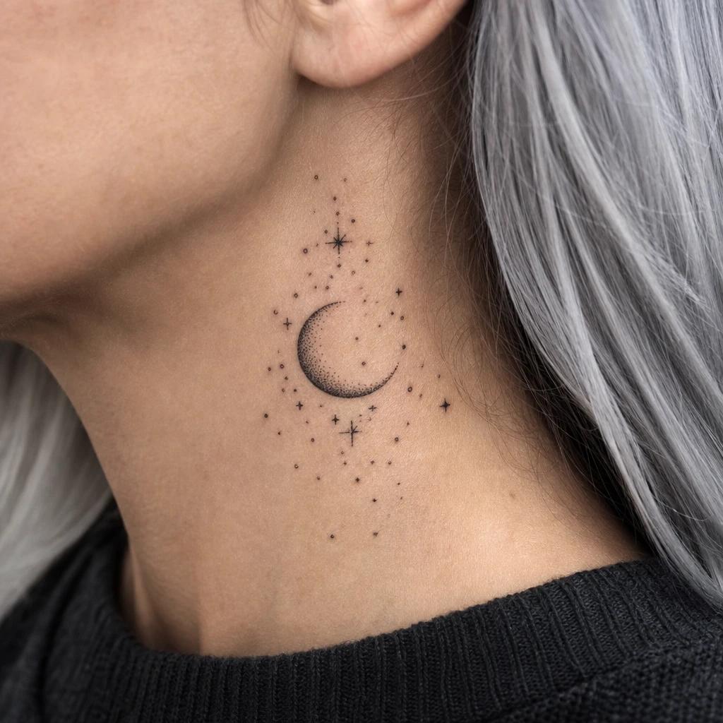 women's neck tattoo dotwork moon and stars, realistic photo on skin