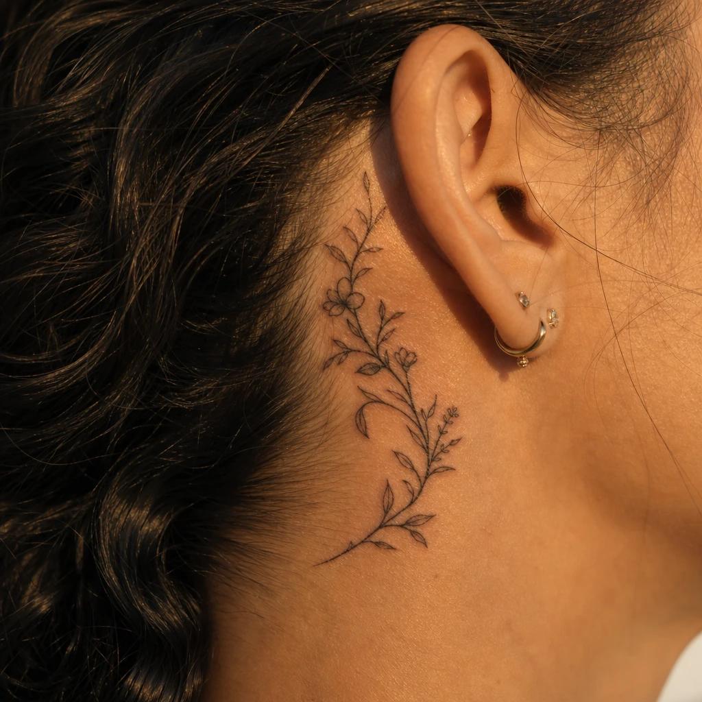women's neck tattoo flowering branch, realistic photo on skin