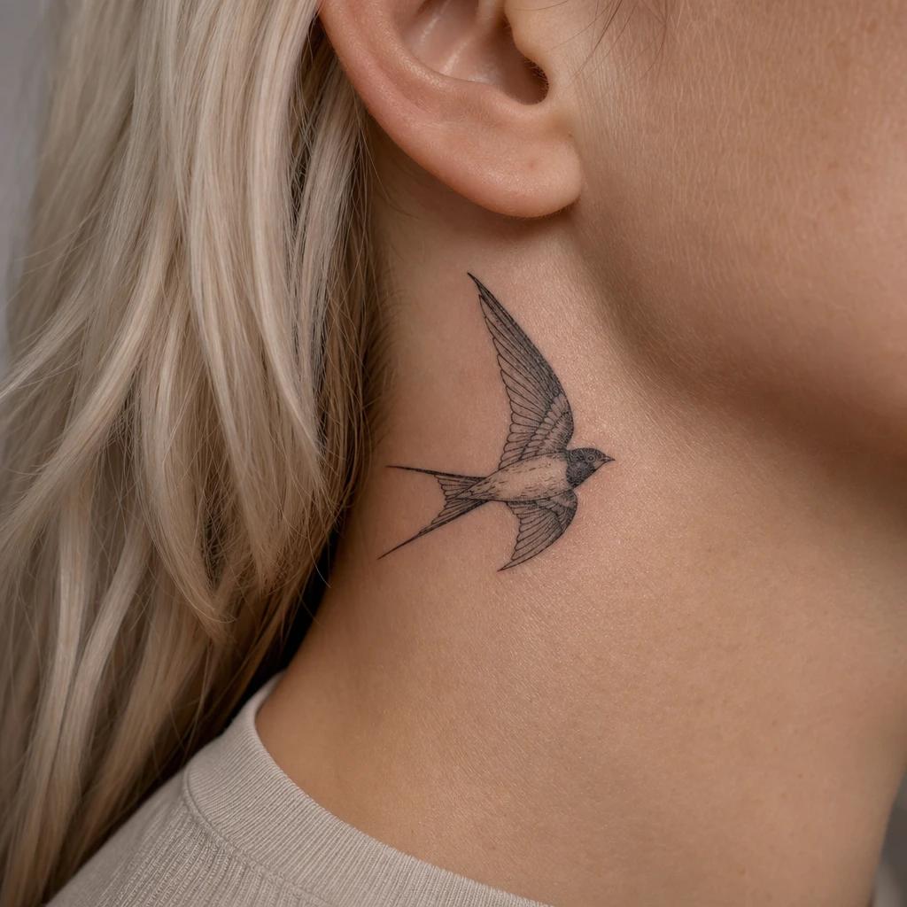 women's neck tattoo delicate swallow, realistic photo on skin