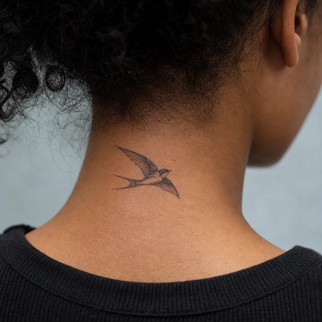 women's neck tattoo delicate swallow, realistic photo on skin
