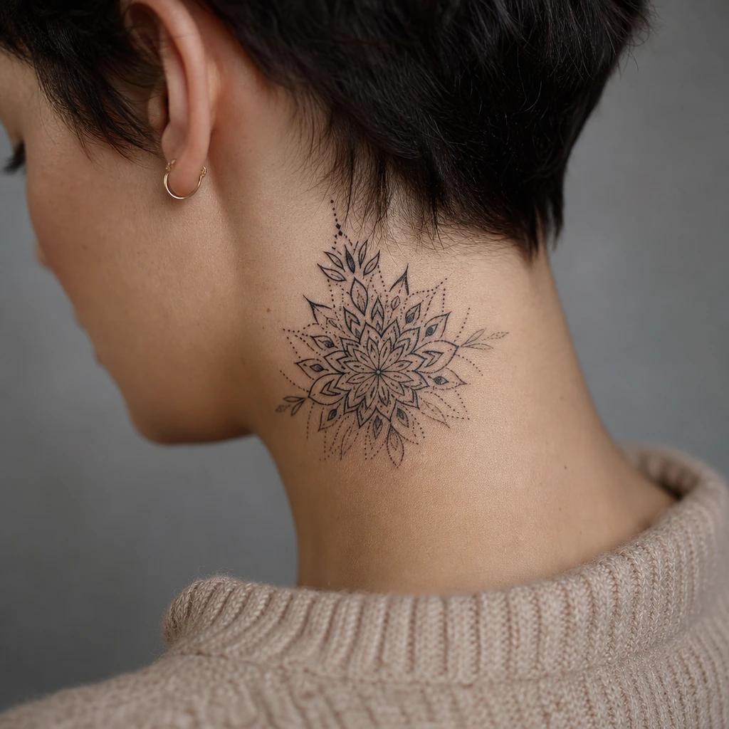 women's neck tattoo nape mandala, realistic photo on skin