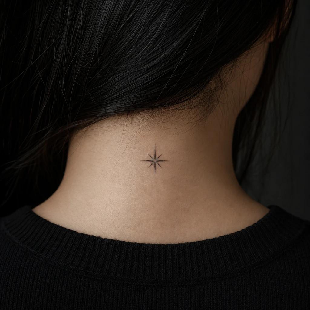 women's neck tattoo minimalist star, realistic photo on skin