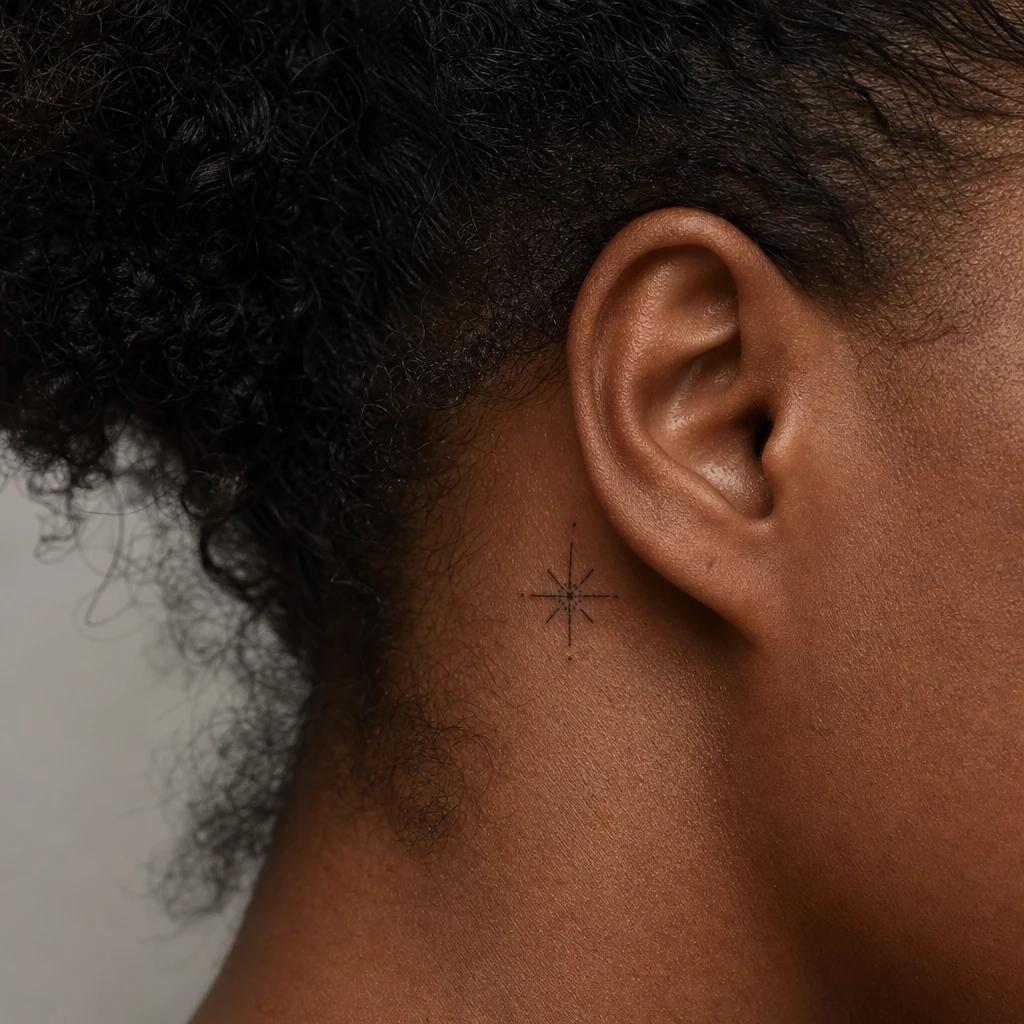 women's neck tattoo minimalist star, realistic photo on skin