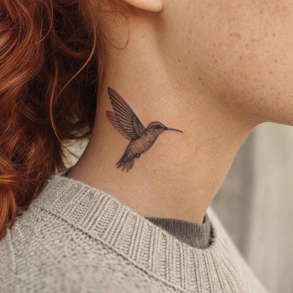 women's neck tattoo premium hummingbird, realistic photo on skin