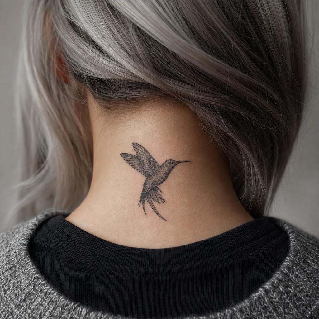 women's neck tattoo premium hummingbird, realistic photo on skin