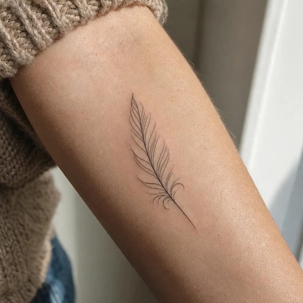 Plume élégante tatouée en fine line sur l'avant-bras d'une femme, symbole de deuil et de mémoire