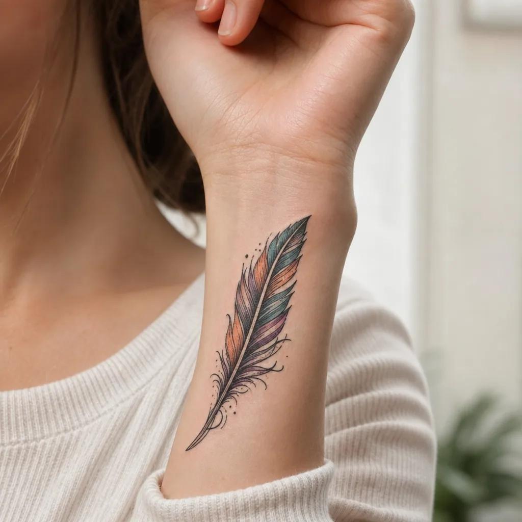 idée tatouage plume plume néo-traditionnel colorée