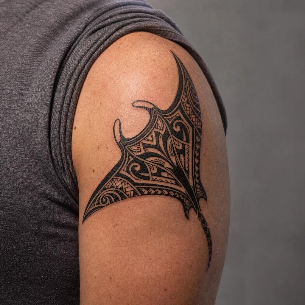 polynesian tattoo stylized manta ray, realistic photo on skin