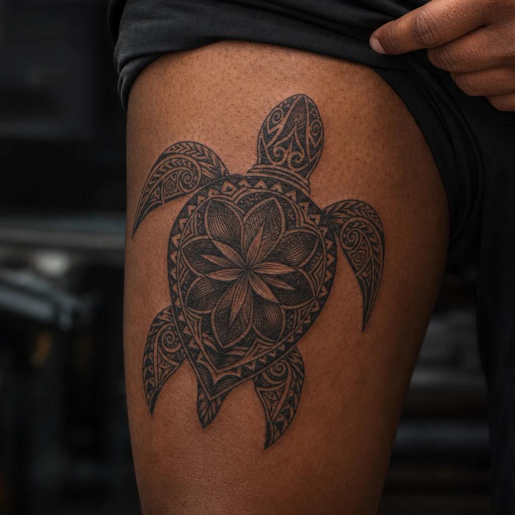 polynesian tattoo sacred honu turtle, realistic photo on skin