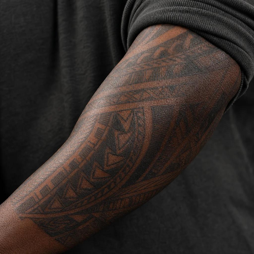 polynesian tattoo warrior chest plate, realistic photo on skin
