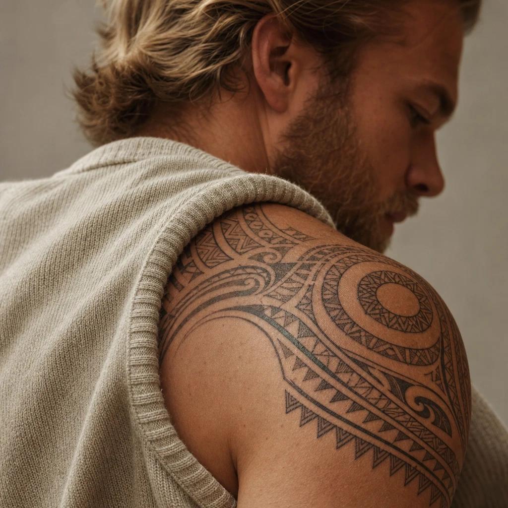 polynesian tattoo enata and life lines, realistic photo on skin