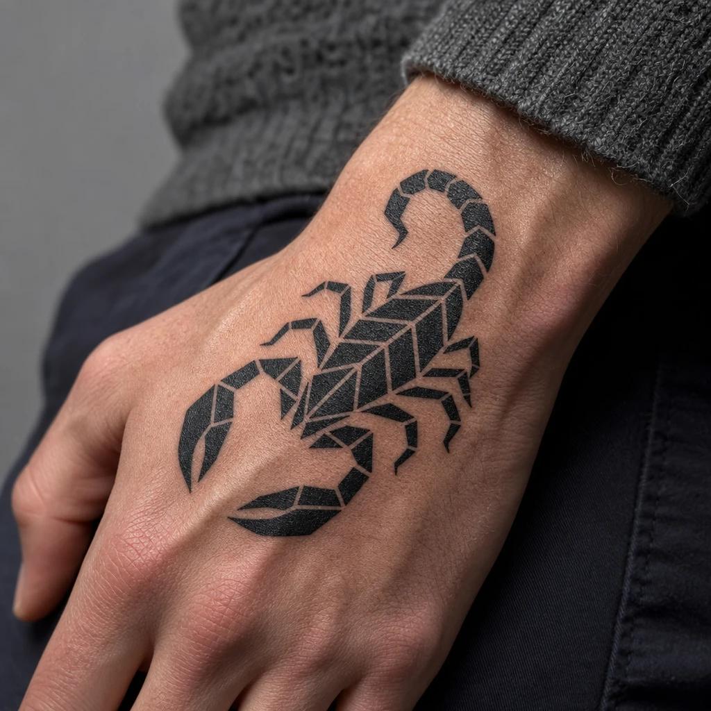 scorpion tattoo geometric blackwork scorpion, realistic photo on skin