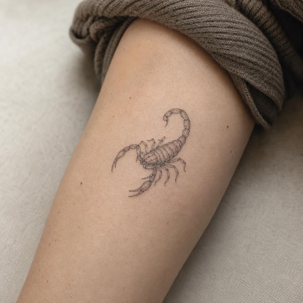 scorpion tattoo fine line scorpion, realistic photo on skin
