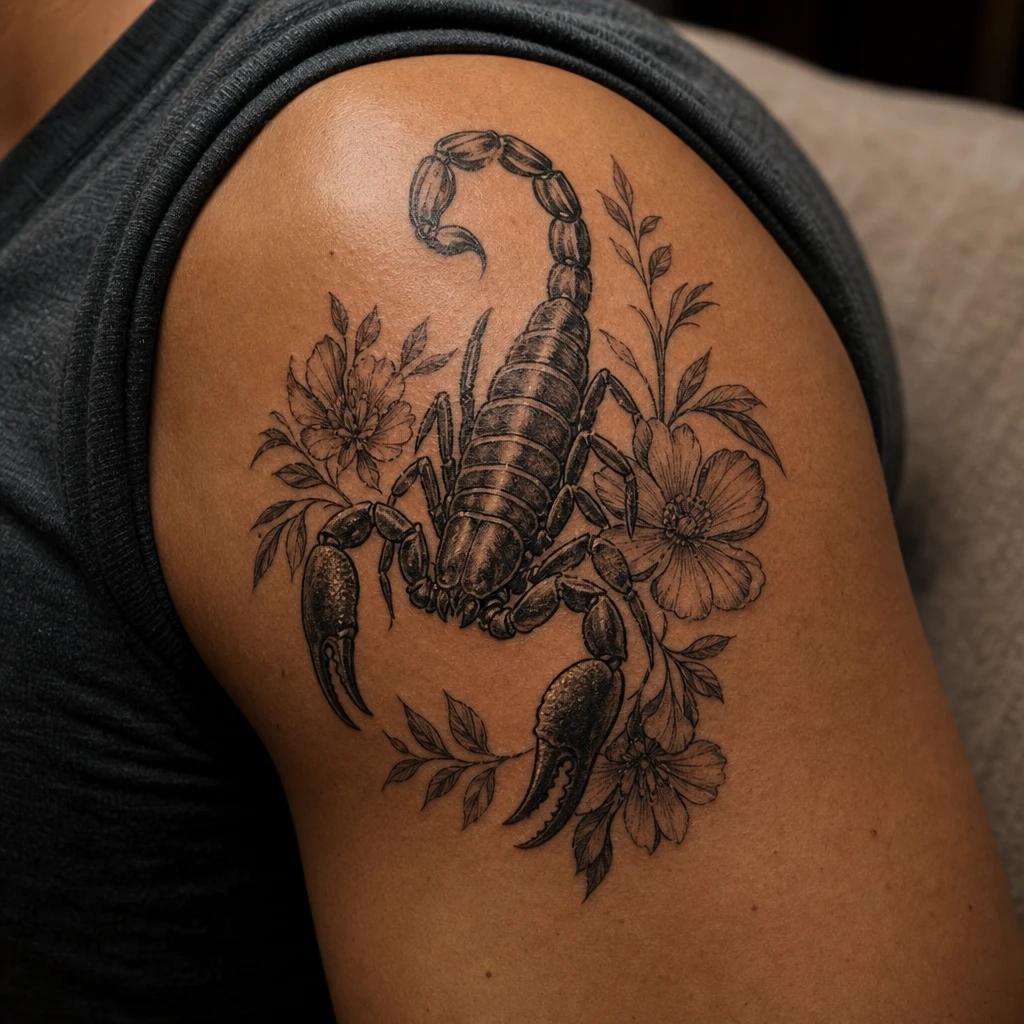 scorpion tattoo scorpion and flowers contrast, realistic photo on skin