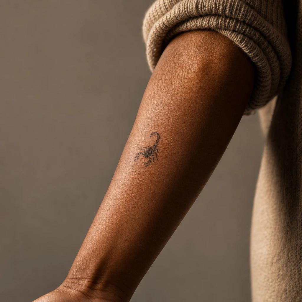 scorpion tattoo discreet micro scorpion, realistic photo on skin