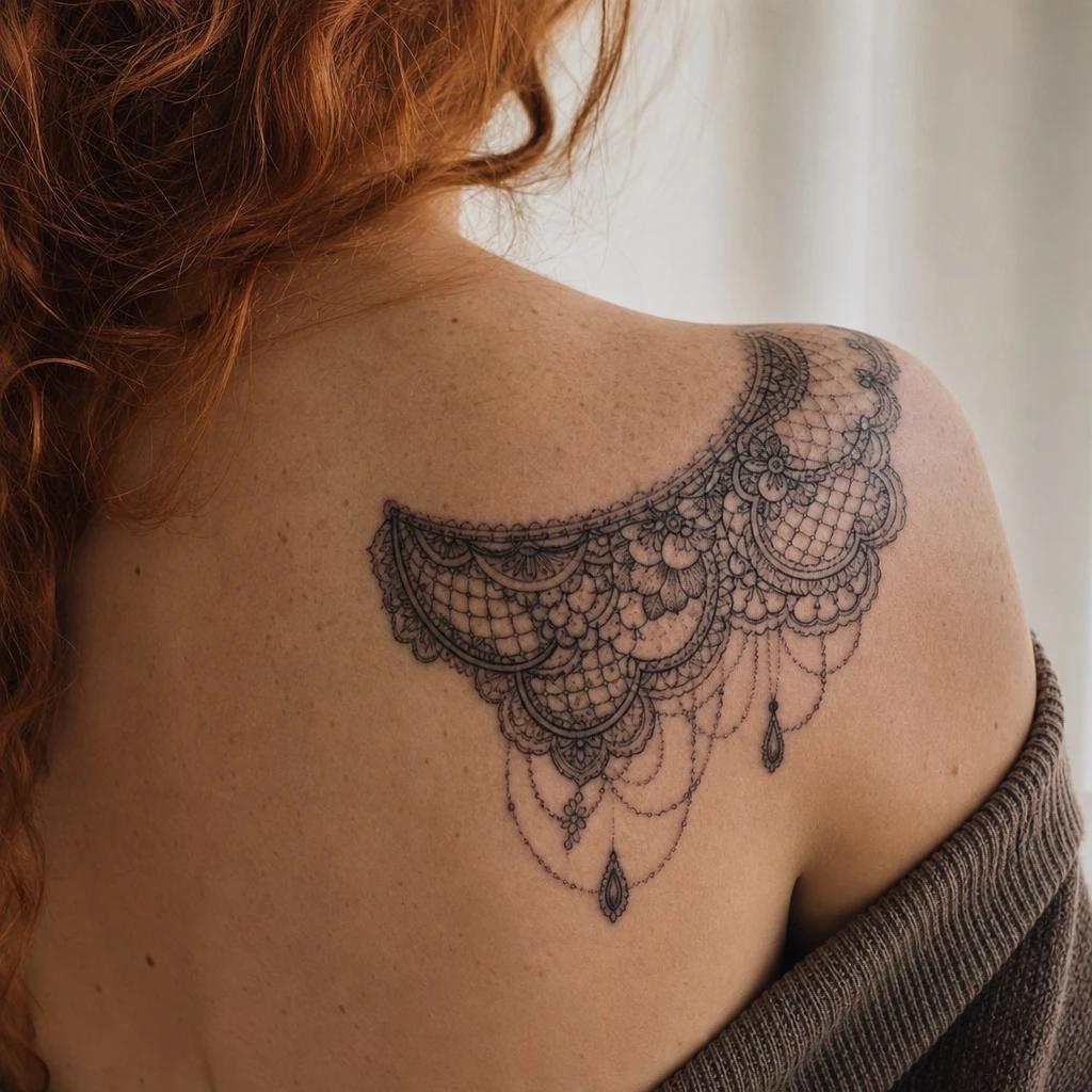 shoulder (women) tattoo ornamental lace epaulette, realistic photo on skin