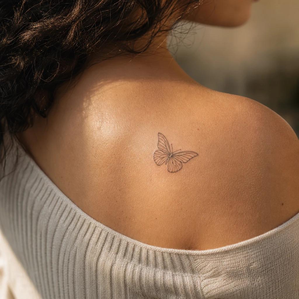 shoulder (women) tattoo fine line butterfly, realistic photo on skin