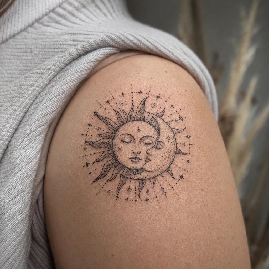 shoulder (women) tattoo symbolic sun and moon, realistic photo on skin