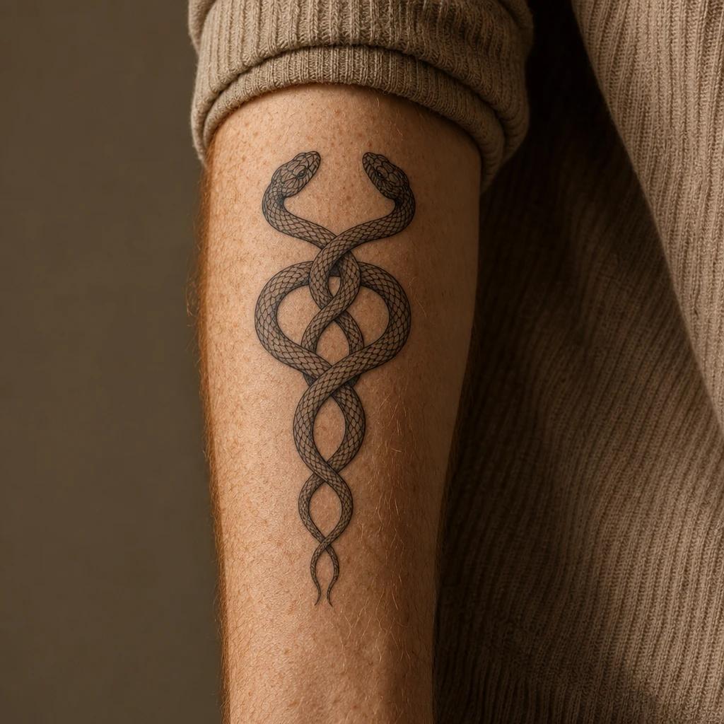 snake tattoo symmetrical double snake, realistic photo on skin