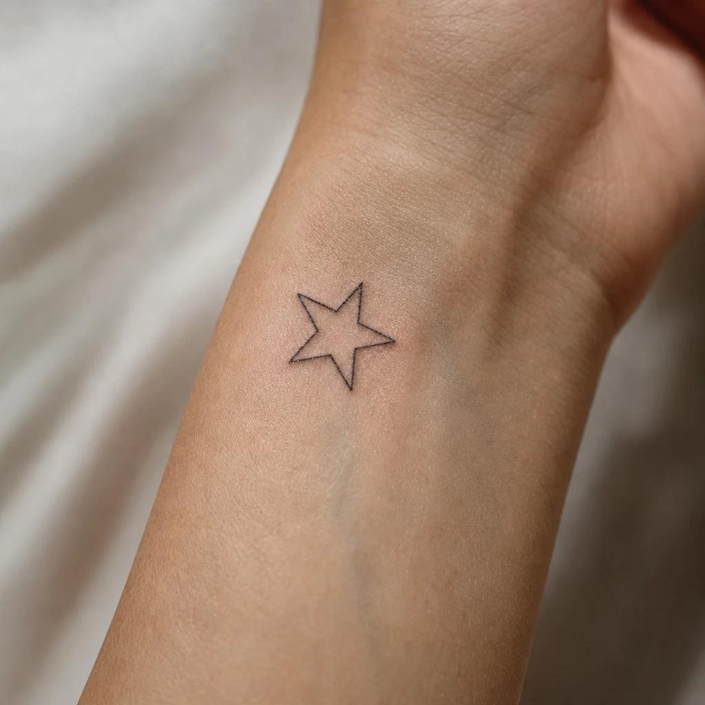 star tattoo minimalist fine line star, realistic photo on skin