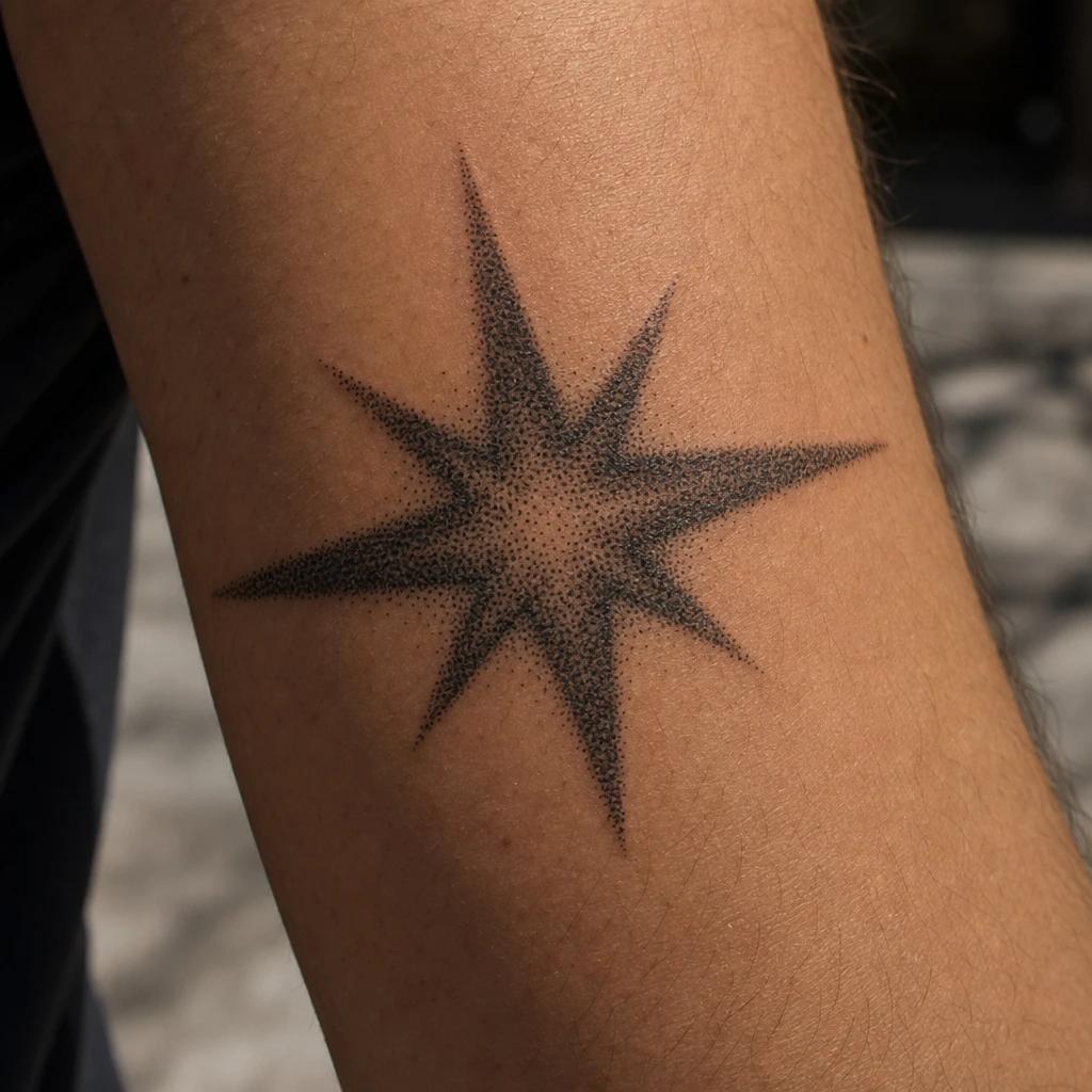 star tattoo sacred dotwork star, realistic photo on skin