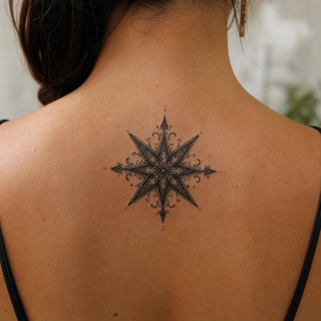 star tattoo ornamental eight-pointed star, realistic photo on skin