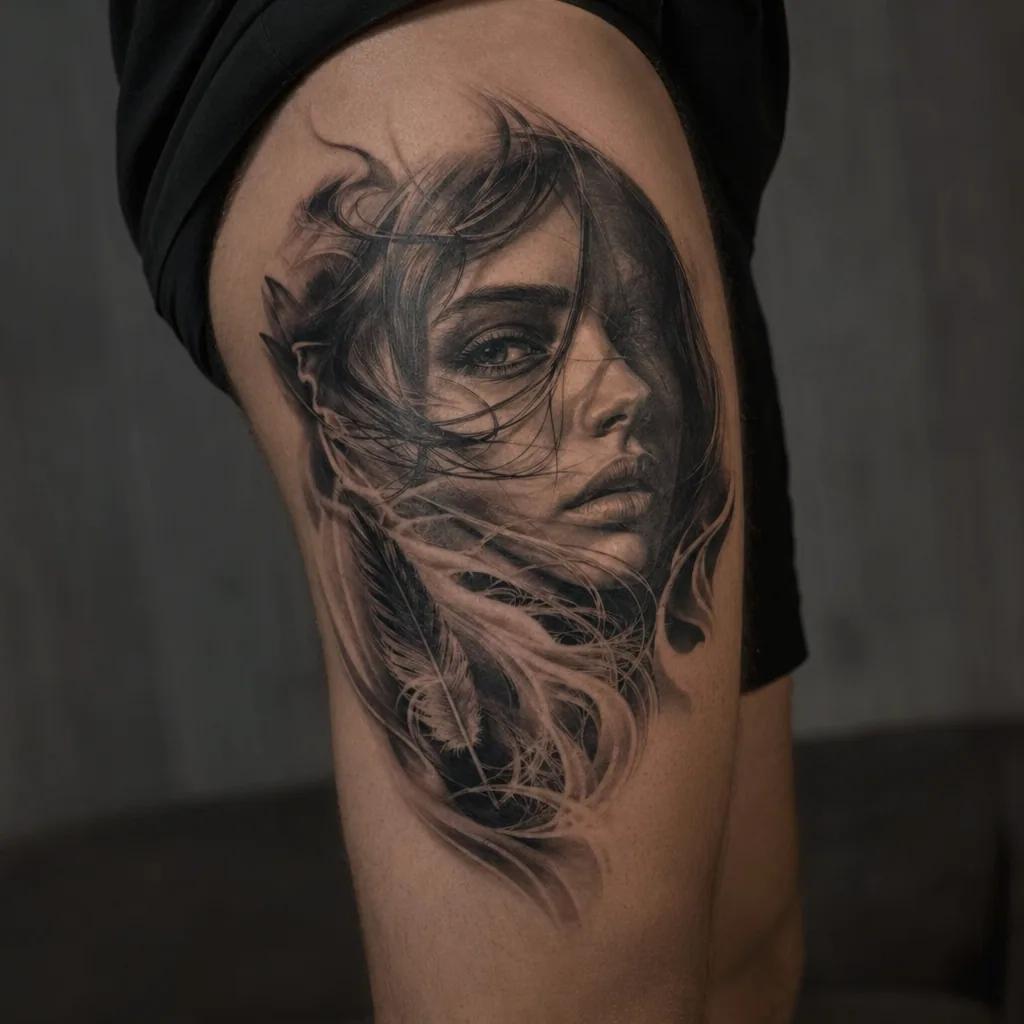 thigh-tattoo realistic black and gray portrait