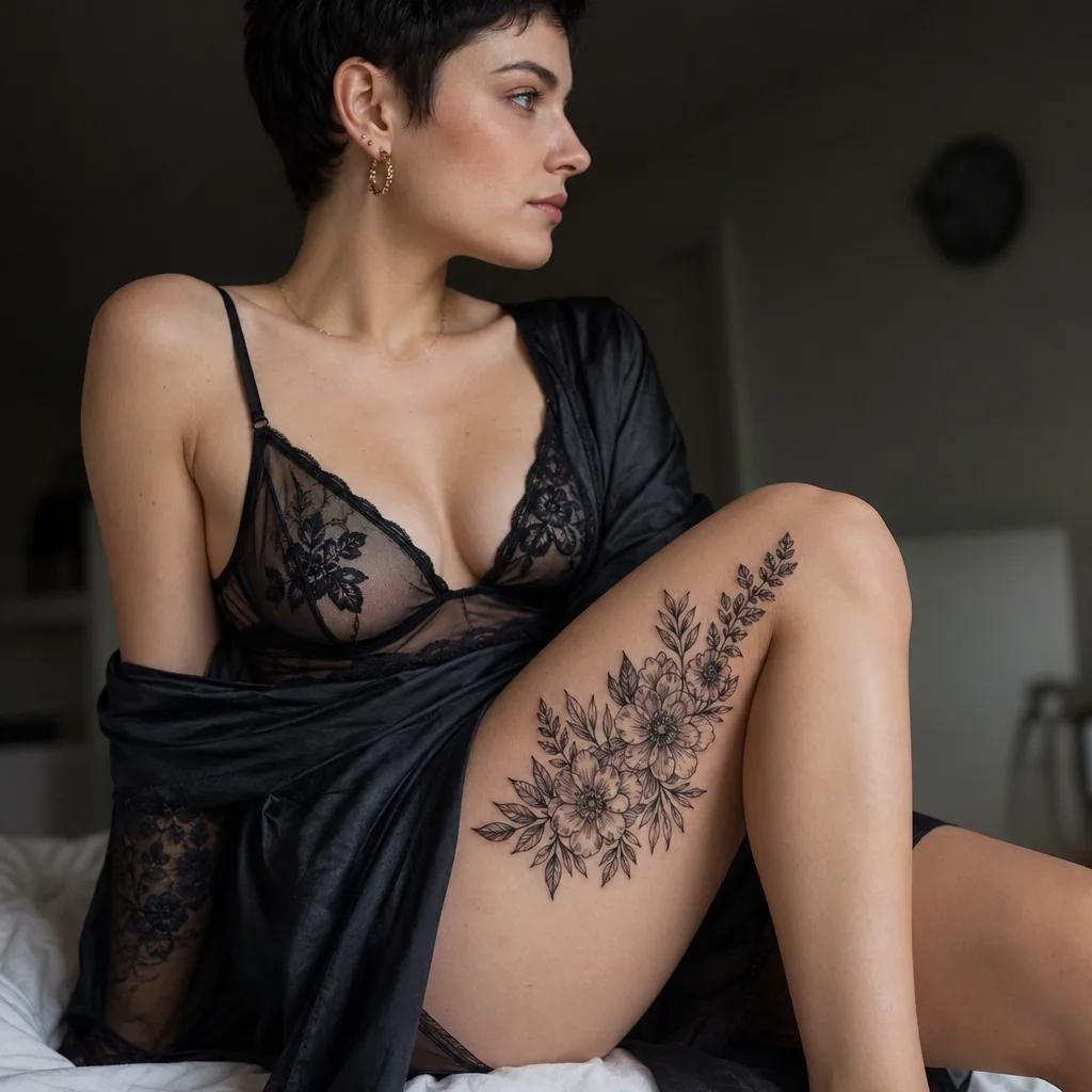 thigh-tattoo detailed bouquet
