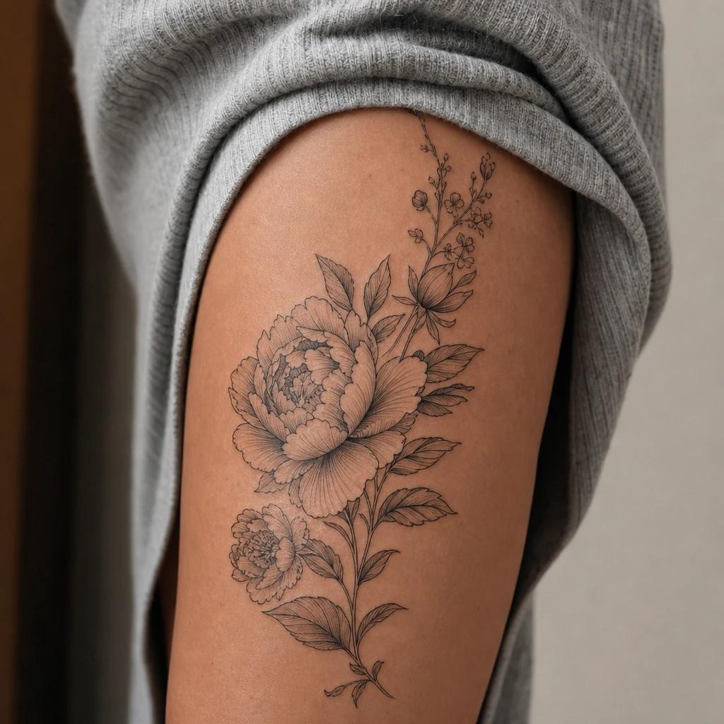 women's thigh tattoo large floral piece, realistic photo on skin