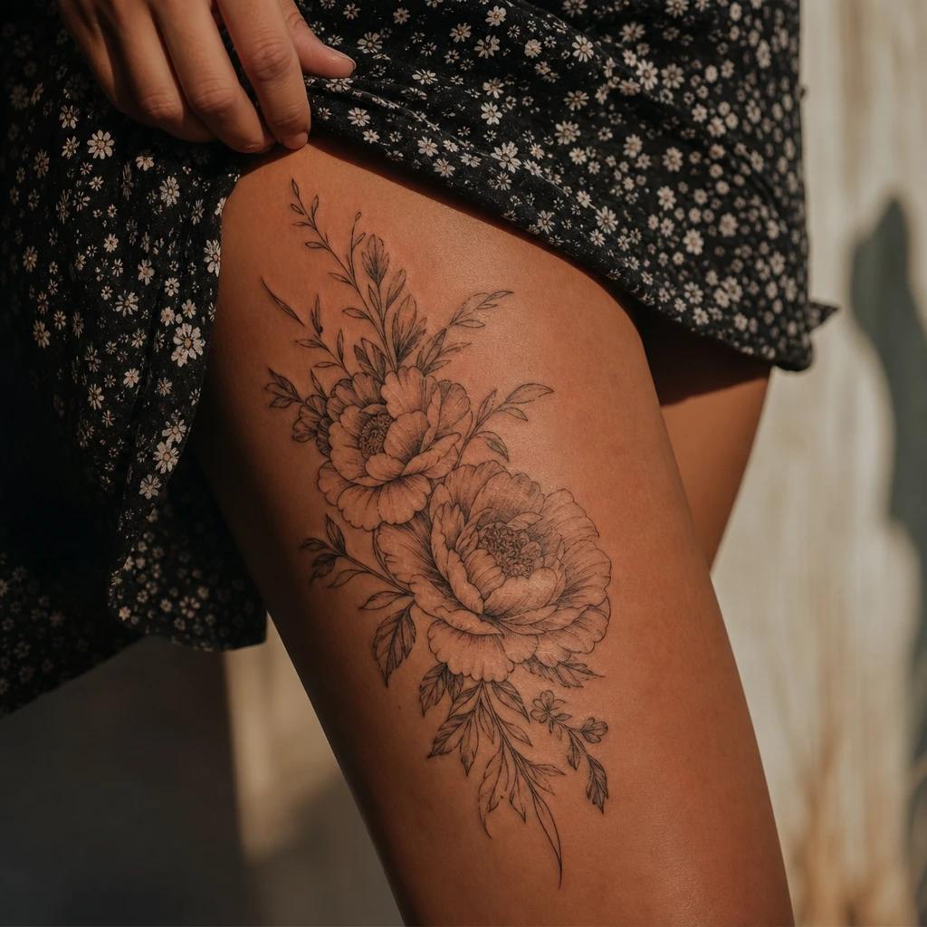 women's thigh tattoo large floral piece, realistic photo on skin