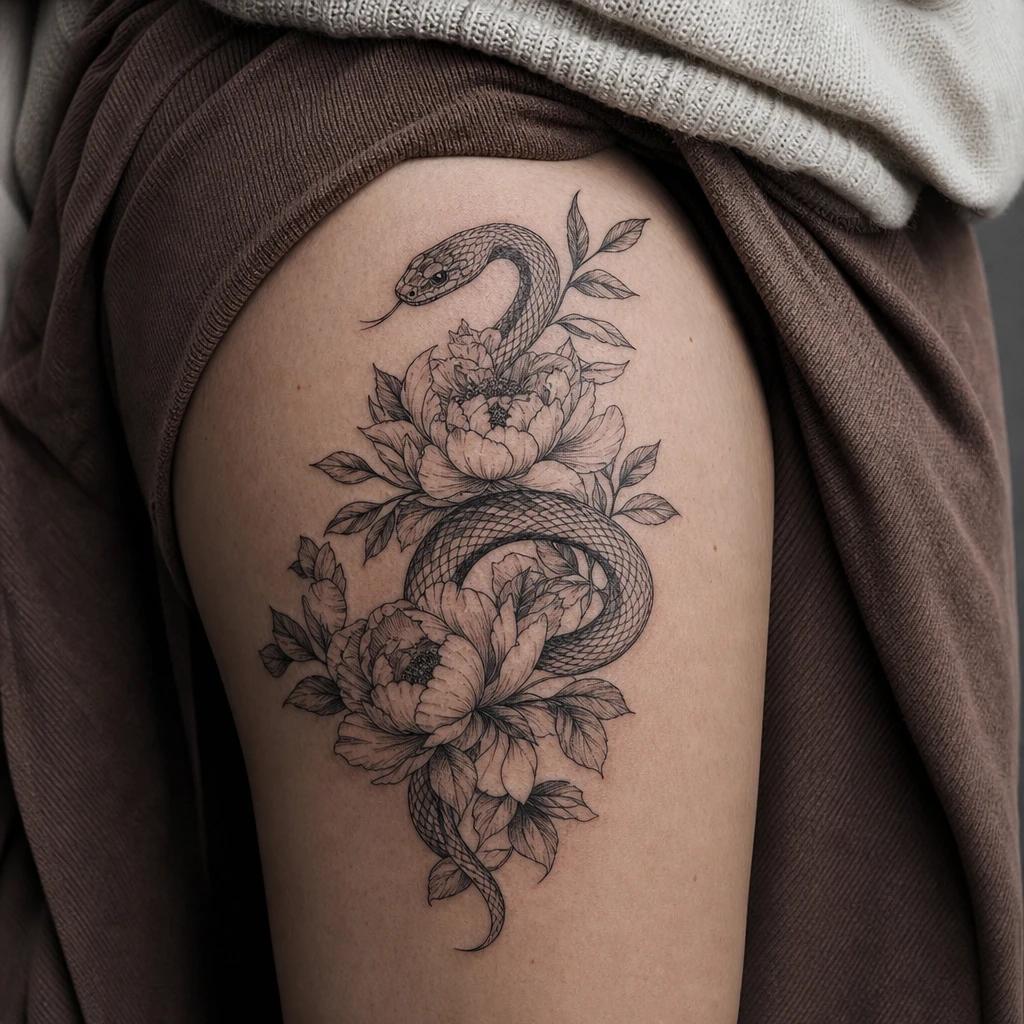 women's thigh tattoo snake and flowers, realistic photo on skin