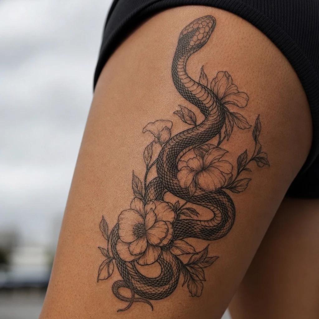 women's thigh tattoo snake and flowers, realistic photo on skin