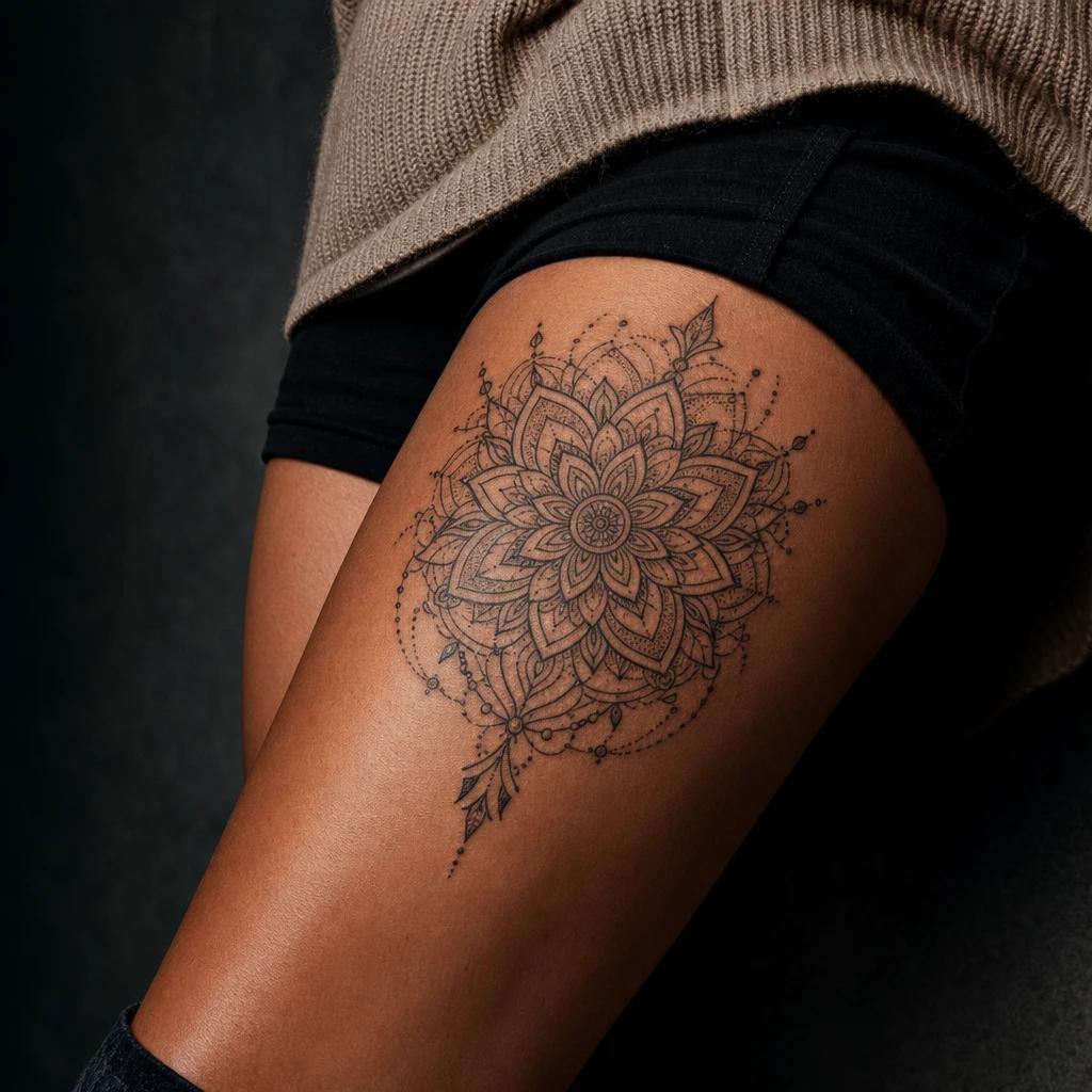 women's thigh tattoo thigh mandala, realistic photo on skin