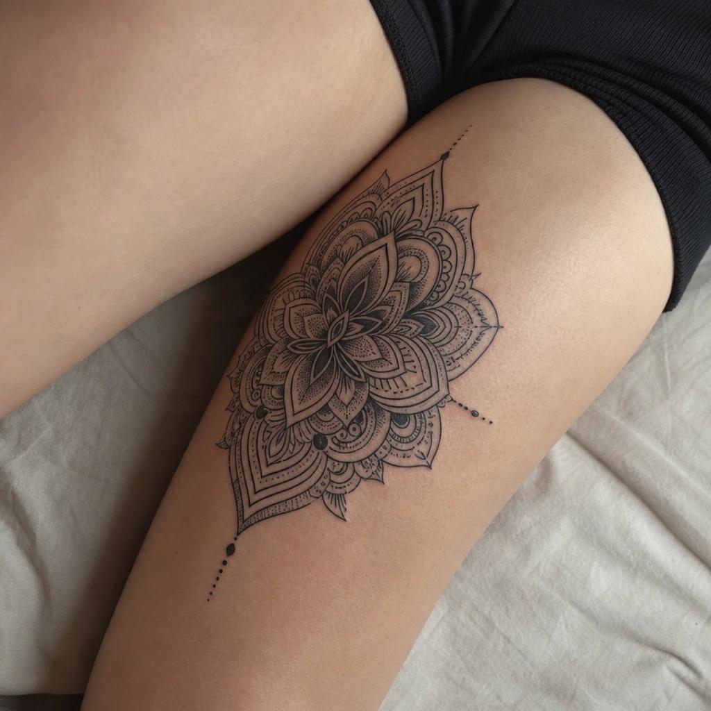 women's thigh tattoo thigh mandala, realistic photo on skin