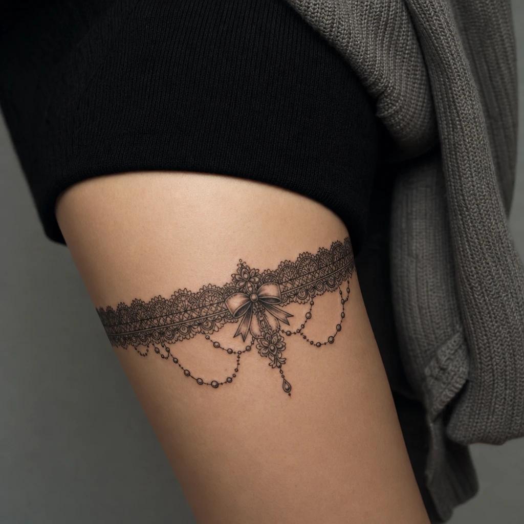women's thigh tattoo ornamental garter, realistic photo on skin